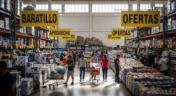 Almacén con estanterías altas llenas de productos, personas empujando carritos de compra y letreros amarillos grandes que dicen "BARATILLO", "APROVECHE" y "OFERTAS".