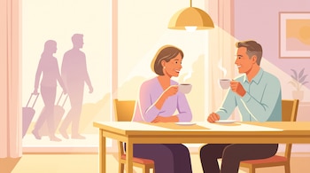 Un hombre y una mujer sentados con tazas en una mesa de comedor, mientras dos figuras caminan con maletas junto al ventanal.