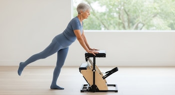 Vista lateral de una mujer de tercera edad con cabello gris haciendo pilates en una silla de madera y metal, vestida de azul, elevando una pierna en un estudio.