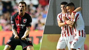 Fotografía dividida. Izquierda: futbolista de Newell's (camiseta rojinegra) celebra con expresión intensa. Derecha: dos futbolistas de Instituto (camiseta rayada) se abrazan