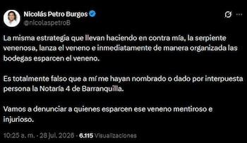 Nicolás Petro Burgos negó en redes sociales que haya recibido la Notaría 4 de Barranquilla y aseguró que denunciará a quienes difundieron esa versión, al calificarla como falsa y difamatoria - crédito Nicolás Petro/X