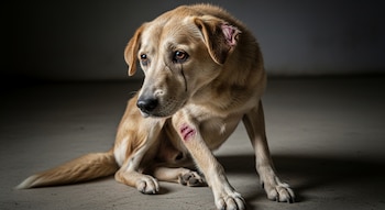 Perro de pelaje marrón claro, sentado en un suelo de cemento, con una herida roja en la oreja izquierda y otra en la pata delantera derecha.