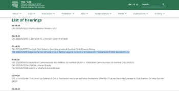 La demanda ante el TAS involucra a Santos Laguna y a la Federación Mexicana de Futbol, según la Lista de Audiencias del tribunal. (Captura de pantalla TAS CAS)