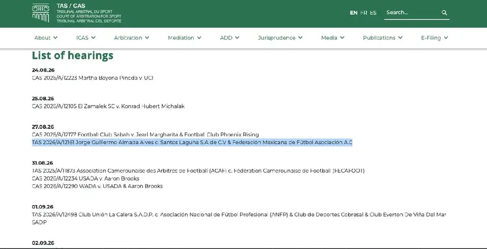 La demanda ante el TAS involucra a Santos Laguna y a la Federación Mexicana de Futbol, según la Lista de Audiencias del tribunal. (Captura de pantalla TAS CAS)