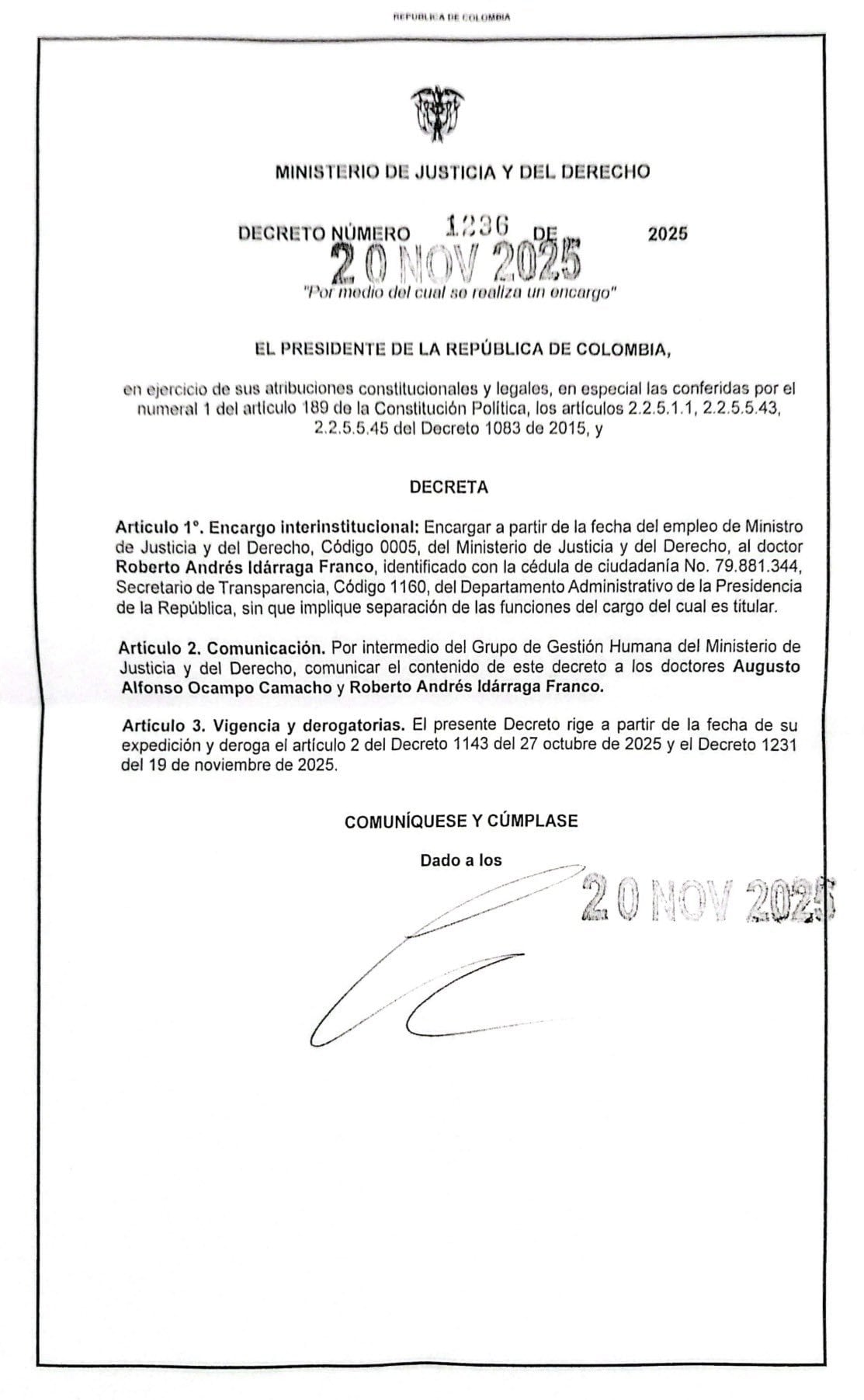 Andrés Idárraga fue designado ministro de Justicia encargado - crédito @Aidarragaf/X