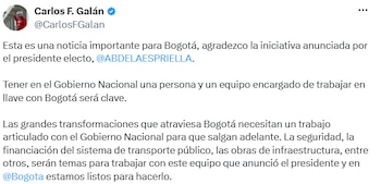 Carlos Fernando Galán apoiou a criação de uma equipe para coordenar o trabalho entre o Governo Nacional e Bogotá e confirmou que a cidade está pronta para avançar nesta coordenação. - crédito @CarlosFGalan/X