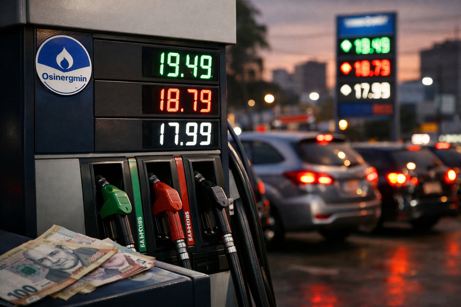 Una estación de servicio en Lima, Perú, muestra precios elevados de combustible en sus surtidores digitales, con billetes peruanos y el logo de Osinergmin en primer plano. (Imagen Ilustrativa Infobae)