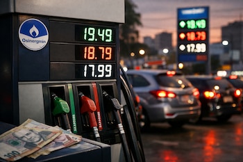 Primer plano de un surtidor de combustible con precios digitales y billetes peruanos sobre él. Se ve el logo de Osinergmin y autos en fila al fondo.