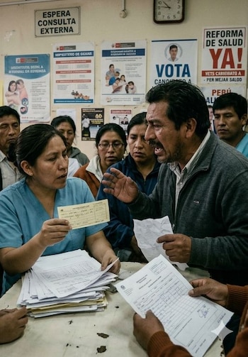 Una mujer con uniforme médico azul, sentada a una mesa con pilas de papeles, muestra un documento amarillo a un hombre barbudo gesticulando con enojo