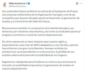 Dilian Francisca Toro, gobernadora del Valle, señaló que el cierre de Propal representa un duro impacto para nuestra región - crédito @DilianFrancisca/X