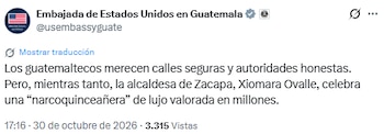 La representación estadounidense cuestionó el festejo de quince años de la hija de la alcaldesa de Zacapa, Karen Xiomara Ovalle Madrid. (Cortesía: Embajada de Estados Unidos en Guatemala)