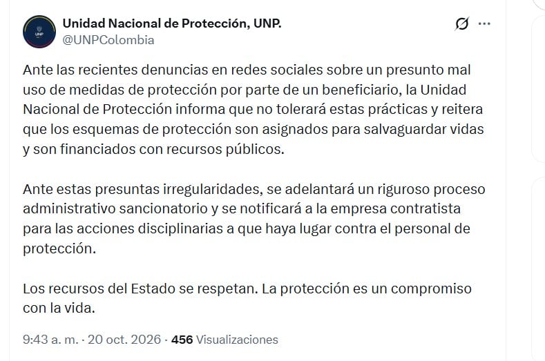 La UNP se pronunció la misma mañana del martes tras la circulación del video en redes sociales - crédito @UNPColombia/X