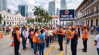 Rescatistas de uniforme naranja hablan por megáfono a un grupo de personas junto a un cartel que dice Punto de encuentro.