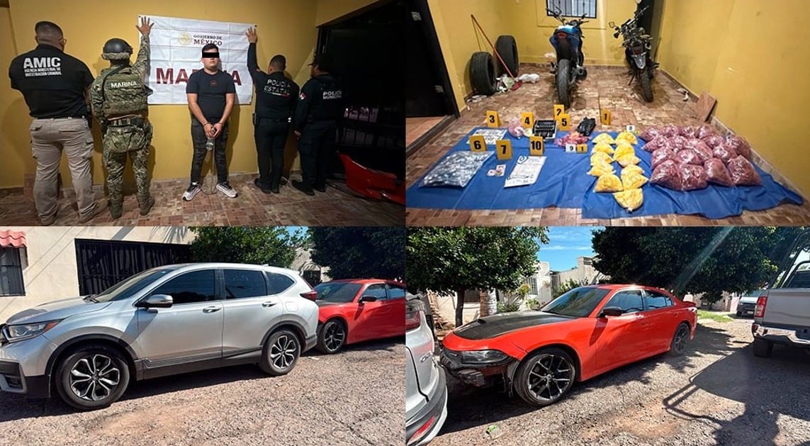 Cateo en Guaymas deja un detenido, casi 2 mil 900 envoltorios de droga y dos autos robados en Estados Unidos