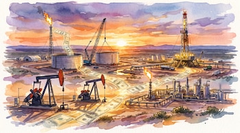 Ilustración acuarela de un campo petrolero con torres de perforación, bombas extractoras, tanques y tuberías. Billetes de cien dólares flotan en el aire.