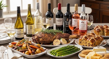 Mesa con botellas de vino blanco, tinto y rosado, un cordero asado, patatas, zanahorias, espárragos, panecillos hot cross y una tabla de quesos variados.
