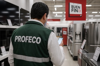 Un hombre de espaldas viste un chaleco verde con el texto Profeco y sostiene un teléfono móvil en una tienda con pantallas y carteles de Buen Fin.