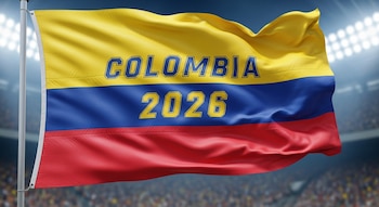 Bandera de Colombia con "COLOMBIA 2026" ondeando en un estadio con luces brillantes. Franjas amarilla, azul y roja visibles.