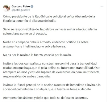 O presidente Gustavo Petro pediu a redução das tensões após o incidente ocorrido na noite de 4 de junho de 2026 em Teusaquillo, ao norte de Bogotá, em frente à sede do candidato presidencial Abelardo de la Espriella - crédito @petrogustavo/X