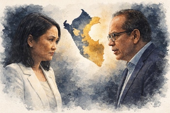 Ilustración digital en acuarela de Keiko Fujimori con blazer blanco y Roberto Sánchez con saco azul, mirándose fijamente con un mapa de Perú dividido al fondo.