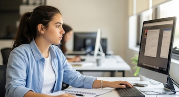 Una joven estudiante con camisa celeste y cabello oscuro atado en coleta trabaja concentrada en una computadora de escritorio en una oficina luminosa.