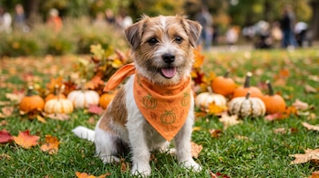 Un perro pequeño con pañuelo naranja al cuello está sentado en el césped rodeado de calabazas y hojas secas de otoño.