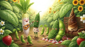 Un rábano caricaturesco toca guitarra para vegetales animados en un huerto. Guisantes bailan. Otros disfrutan de un picnic. Hay girasoles, fresas y hojas mojadas.