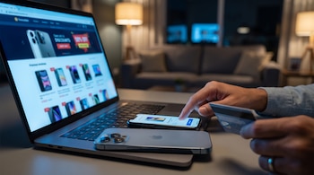 Una computadora portátil abierta, dos teléfonos inteligentes, una tarjeta bancaria y las manos de una persona sobre una mesa.