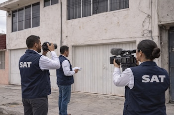 Tres personas con chalecos azules del SAT toman fotografías y video frente a un edificio con una puerta de garaje blanca y ventanas.