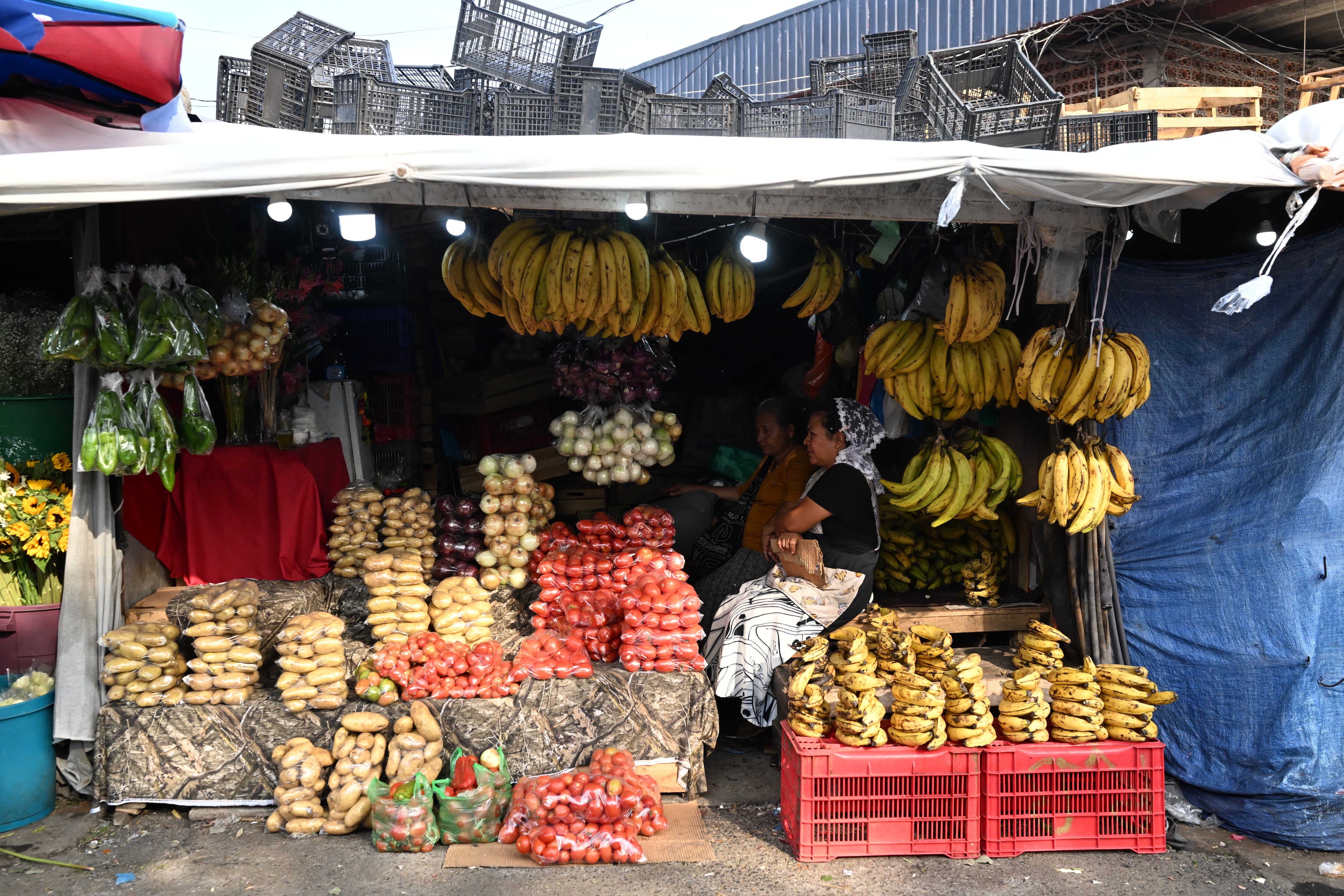 Mujeres en sus puestos de frutas en el mercado central de San Salvador. Foto de Marvin RECINOS / AFP