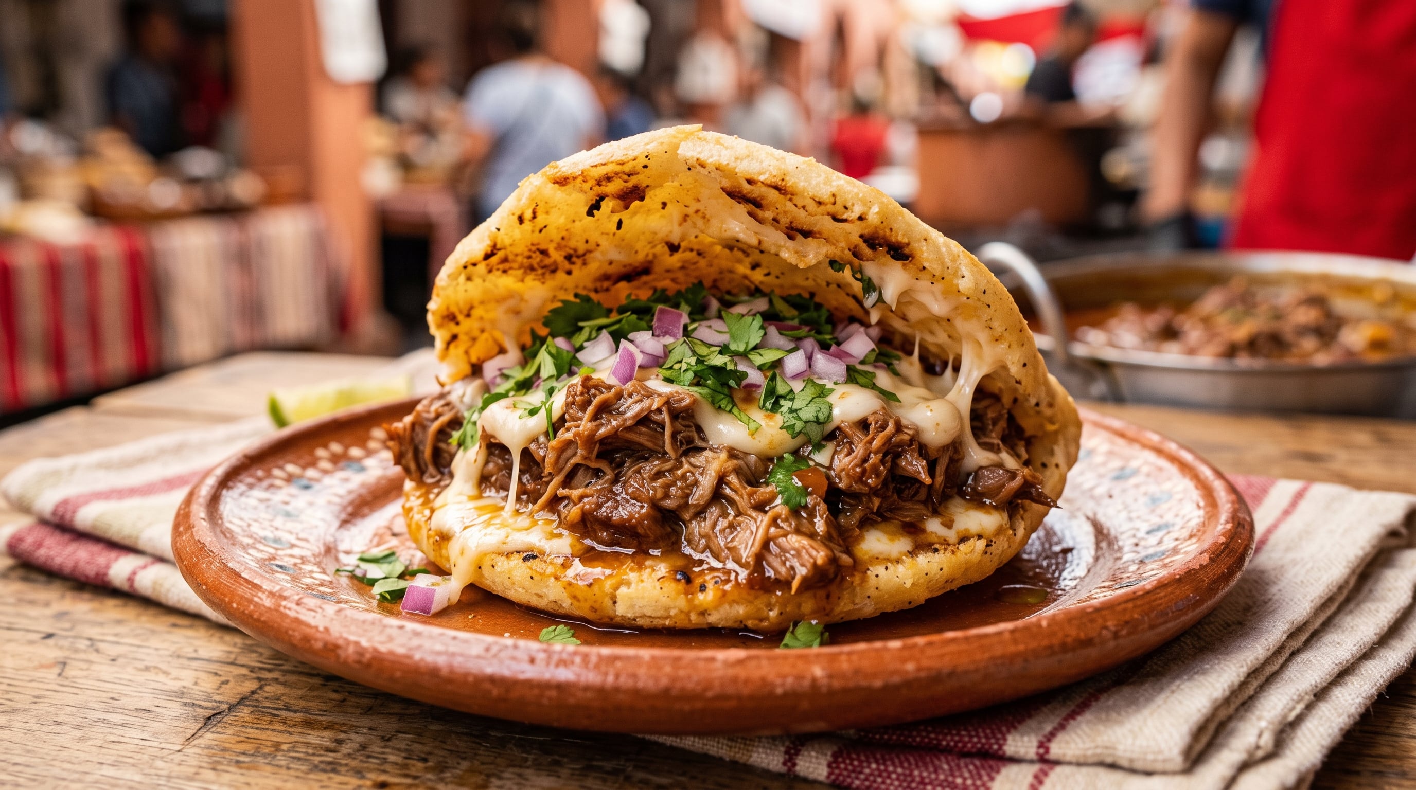 Una arepa de maíz rellena de carne deshebrada de birria y queso Oaxaca fundido se sirve sobre un plato de barro con cebolla y cilantro. (Imagen Ilustrativa Infobae)