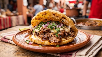 Una arepa de maíz abierta sobre un plato de barro, rellena de carne de birria, queso fundido, cilantro y cebolla morada picada.