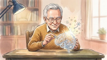 Ilustración de un hombre mayor con anteojos en una mesa, colocando una pieza de rompecabezas dentro de un cerebro transparente e iluminado.