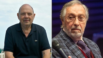 Un díptico que muestra a dos hombres. A la izquierda, un hombre calvo con polo negro; a la derecha, un hombre barbudo con gafas y traje a cuadros