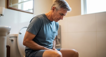 Hombre de cabello gris con camiseta azul sentado en inodoro blanco, manos sobre el abdomen. El baño tiene azulejos claros y una ventana.