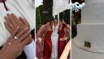 Un collage incluye manos con anillos de matrimonio, a la novia con cuatro amigas y un pastel de bodas blanco con dos figuras de perros
