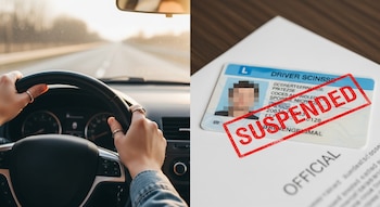 Persona al volante de un automóvil y una licencia de conducir con el sello de 'suspended'.