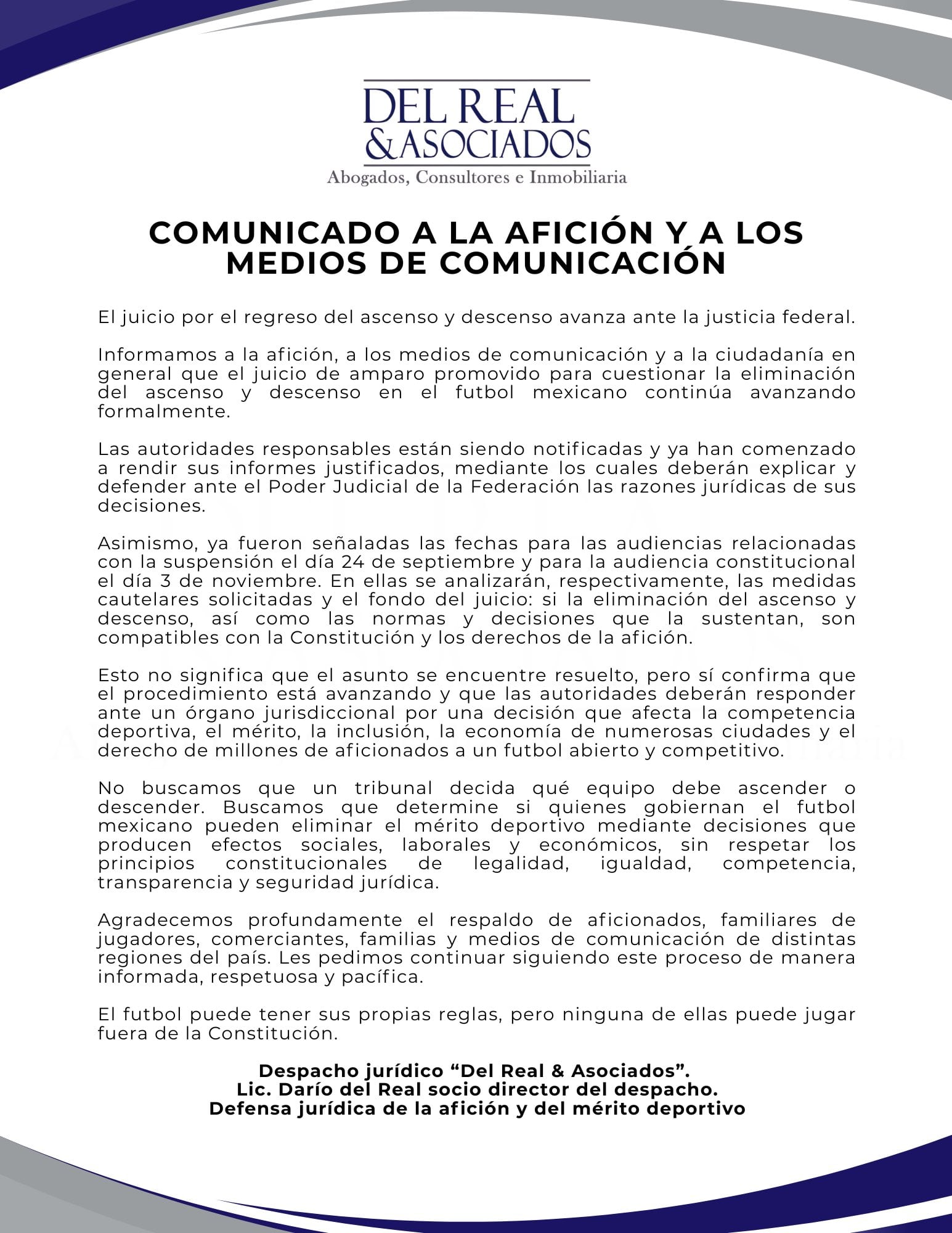 Darío del Real reveló fecha de las audiencias para el análisis del ascenso y descenso (X / Darío del Real)