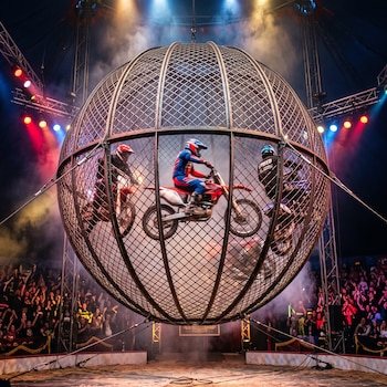 Tres personas en motocicleta circulan por el interior de una gran esfera de malla metálica iluminada dentro de una carpa de circo.