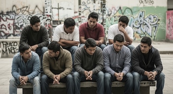 Nueve hombres jóvenes de aspecto mexicano sentados en una banca de concreto, con ropa casual desgastada, en un entorno urbano con paredes grafitadas y postes con carteles rotos.