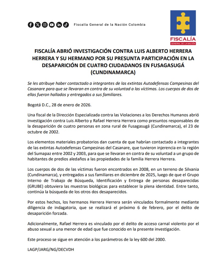 Comunicado Fiscalía General de la Nación sobre el caso de Lucho Herrera - crédito Fiscalía General de la Nación