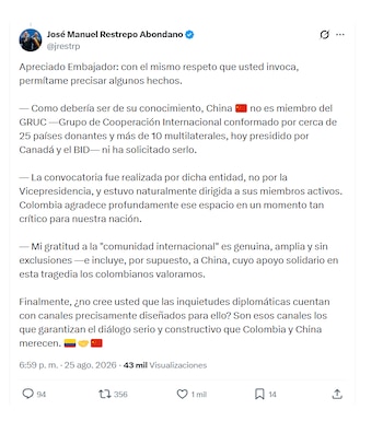 José Manuel Restrepo le respondió a Zhu Jingyang, embajador chino