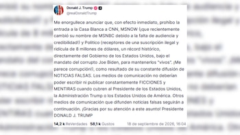 Captura de pantalla de un mensaje atribuido a Donald Trump sobre el acceso de medios de comunicación a la Casa Blanca