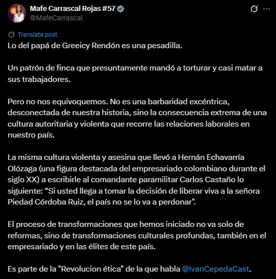 La representante Carrascal advirtió que el hecho que salpica a Luis Fernando Rendón Melo no constituyen una rareza aislada - crédito @MafeCarrascal/X