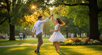 Un hombre y una mujer sonrientes bailan en un parque con césped verde y árboles. La mujer lleva un vestido blanco, el hombre una camisa blanca.