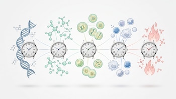 Cinco relojes de pulsera blancos con números romanos en una secuencia conectan con ilustraciones de ADN, moléculas, células en división, células sanguíneas y llamas
