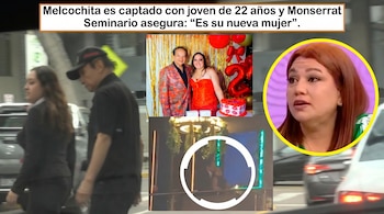 Collage que muestra a Melcochita con una joven en la calle, en una fiesta, y un recuadro de Monserrat Seminario, quien confirma la relación.