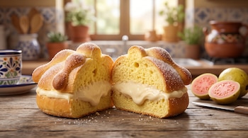Pan de muerto cortado a la mitad con relleno cremoso, acompañado de mitades de guayaba sobre una mesa de madera.