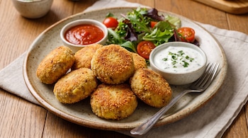 Albóndigas redondas doradas en un plato con dos recipientes de salsa, ensalada y tomates en una mesa de madera.