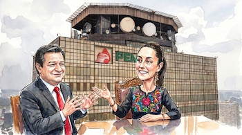 Caricatura acuarela de Juan Carlos Carpio y Claudia Sheinbaum sonriendo, sentados frente al edificio de Pemex, con cielo nublado de fondo.
